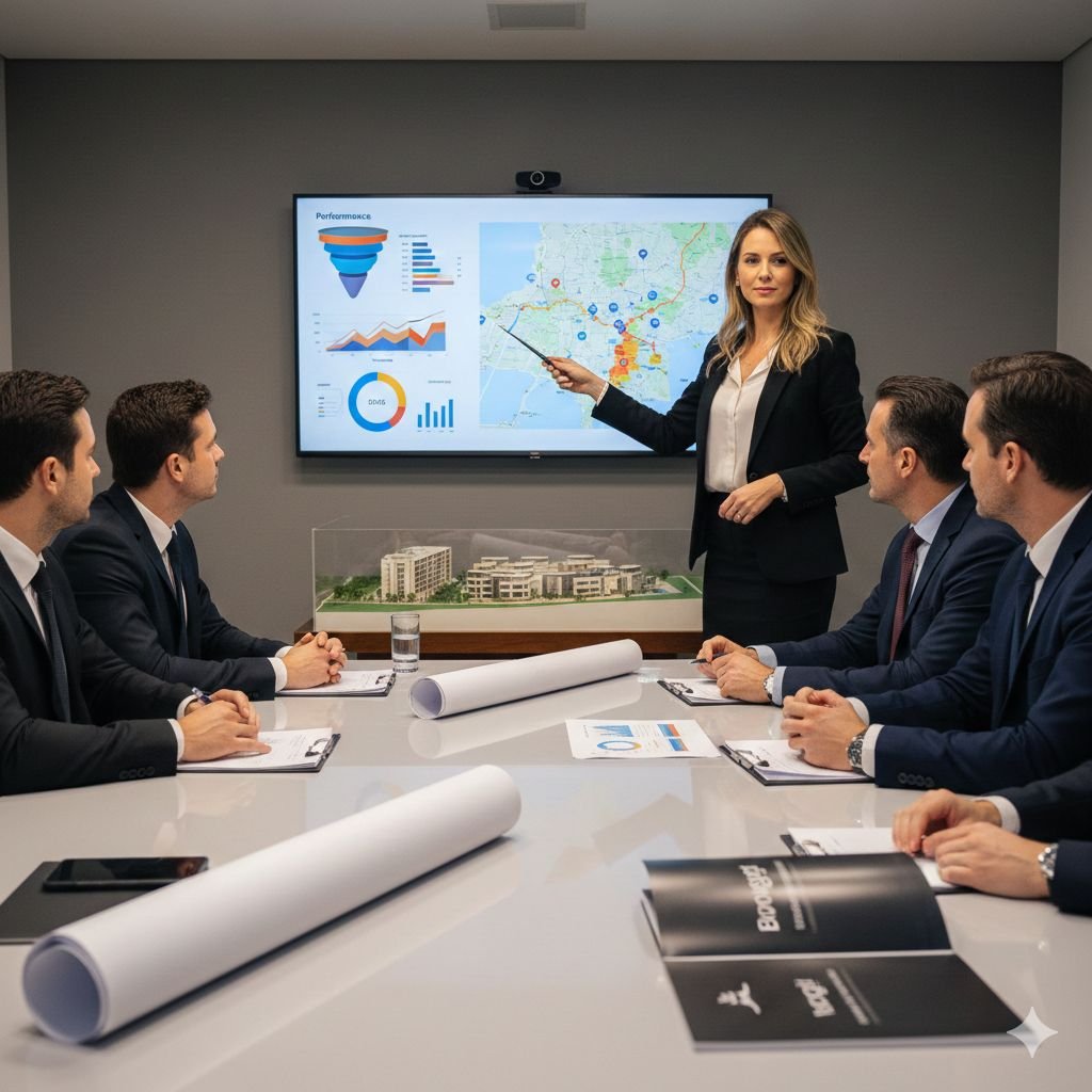 Imagem aérea horizontal de um empreendimento imobiliário de alto padrão, com três torres residenciais altas e modernas, rodeadas por uma ampla área de lazer arborizada. O complexo inclui piscina central, jardins paisagísticos, caminhos internos e vários quiosques com churrasqueiras, além de quadra esportiva, transmitindo sofisticação, conforto e qualidade de vida. O contexto da discussão trata sobre lançamento imobiliário que não vende.