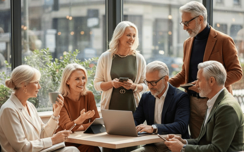 grupo diverso de pessoas 50+ em um ambiente urbano contemporâneo e elegante, homens e mulheres maduros com aparência confiante e sofisticada, vestindo roupas modernas e atemporais. Eles conversam, usam smartphones e notebooks, demonstrando protagonismo, autonomia e conexão. Estética clean, iluminação natural, tons neutros e quentes, atmosfera de branding premium, foco em longevidade ativa, propósito e mercado prateado. Fotografia realista, estilo editorial, alta qualidade.