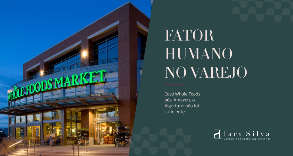 Fachada de uma loja Whole Foods Market em ambiente urbano, representando o varejo físico de alimentos e o desafio de equilibrar tecnologia, eficiência operacional e experiência humana.