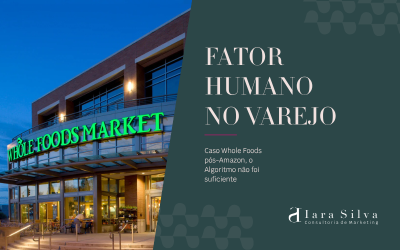 Fachada de uma loja Whole Foods Market em ambiente urbano, representando o varejo físico de alimentos e o desafio de equilibrar tecnologia, eficiência operacional e experiência humana.