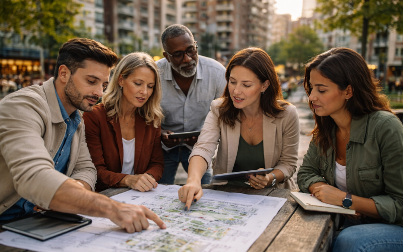 Grupo de profissionais de diferentes perfis analisando uma planta de projeto urbano ao ar livre, em uma reunião colaborativa que representa a gestão de stakeholders no planejamento e tomada de decisões do setor imobiliário.