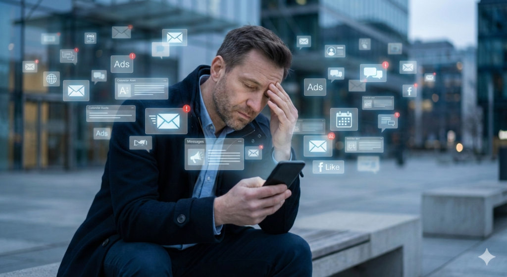 Fotografia de estilo editorial e realista mostrando um homem adulto em um ambiente urbano moderno ao entardecer, com expressão de exaustão e sobrecarga mental. Ele segura um smartphone e apoia uma das mãos na testa, demonstrando fadiga. Ao redor dele, dezenas de ícones digitais e janelas de notificações flutuantes — como e-mails, mensagens, alertas de calendário e anúncios — preenchem o ar, simbolizando poluição informacional. A iluminação é fria, com tons azulados e cinzas, e o fundo de prédios corporativos está suavemente desfocado, mantendo o foco na expressão de estresse do homem.