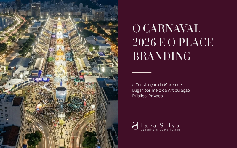 Vista aérea do Rio de Janeiro durante o Carnaval, mostrando a cidade iluminada e organizada para grandes eventos, simbolizando o place branding, a gestão urbana e a articulação público-privada na construção da marca do lugar.