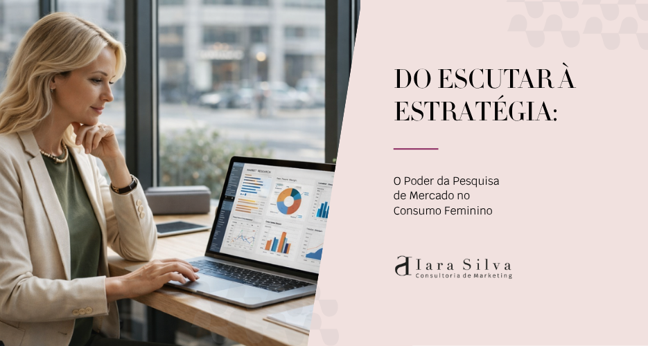 Mulher profissional jovem sentada em uma mesa de trabalho analisando gráficos e dados em um notebook, em um escritório moderno com luz natural entrando pelas janelas.