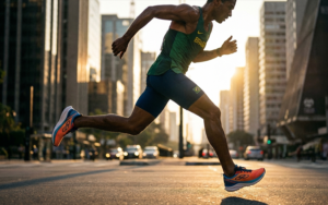 Fotografia editorial em estilo ultra-realista de um corredor brasileiro negro em movimento dinâmico durante o amanhecer em uma avenida urbana. Ele veste uma regata esportiva verde com a palavra "BRASIL" e bermuda de compressão azul marinho com uma pequena bandeira do Brasil. O destaque está nos tênis de alta performance da marca Olympikus, nas cores laranja e azul, capturados com nitidez enquanto o atleta corre. A iluminação é cinematográfica, vinda do sol nascendo entre os prédios ao fundo, criando um efeito de "golden hour". O fundo está levemente desfocado (profundidade de campo reduzida), enfatizando a velocidade e a performance do atleta.