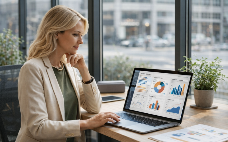 Mulher profissional jovem sentada em uma mesa de trabalho analisando gráficos e dados em um notebook, em um escritório moderno com luz natural entrando pelas janelas.