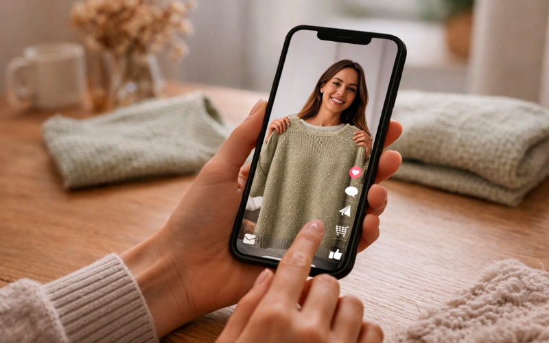 Pessoa segurando um celular na vertical enquanto assiste a um vídeo de uma mulher mostrando um suéter; ao fundo, a mesma peça aparece dobrada sobre a mesa em um ambiente com luz natural.