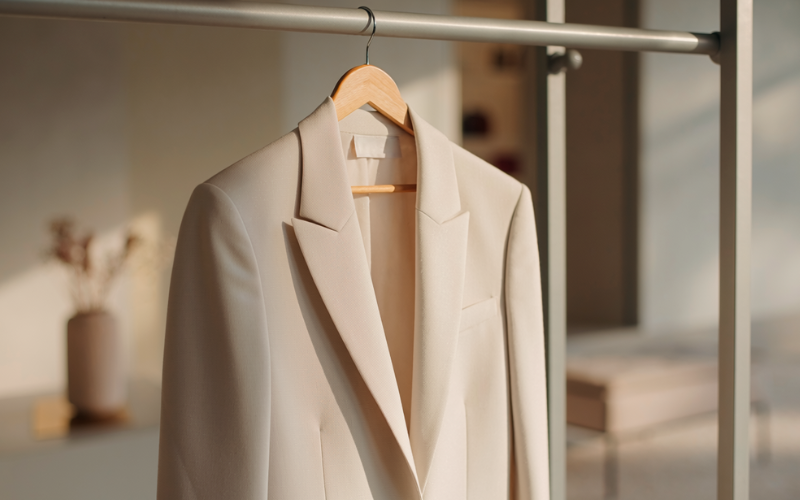 Blazer feminino bege minimalista pendurado em arara, representando estética sofisticada e transição do fast fashion para o segmento premium
