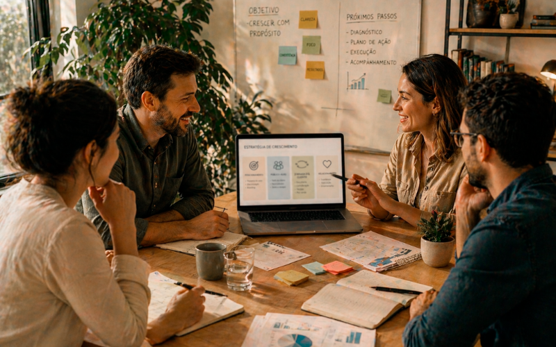 Grupo de pessoas em reunião ao redor de uma mesa, analisando gráficos e dados em notebook e materiais impressos.