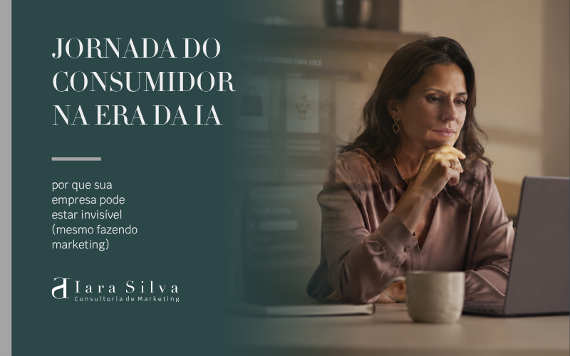 Mulher utilizando notebook em ambiente corporativo enquanto observa informações digitais relacionadas a recomendações e algoritmos ao fundo. A imagem traz o título “Jornada do Consumidor na Era da IA: por que sua empresa pode estar invisível (mesmo fazendo marketing)” e remete à transformação da jornada de consumo na era da inteligência artificial.