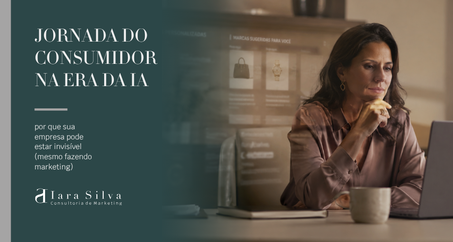Mulher utilizando notebook em ambiente corporativo enquanto observa informações digitais relacionadas a recomendações e algoritmos ao fundo. A imagem traz o título “Jornada do Consumidor na Era da IA: por que sua empresa pode estar invisível (mesmo fazendo marketing)” e remete à transformação da jornada de consumo na era da inteligência artificial.