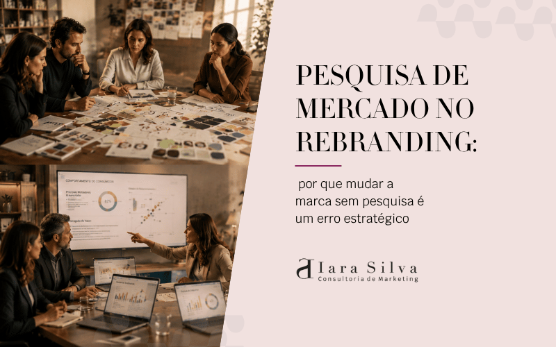 Divisão visual entre processo criativo impulsivo e análise estratégica de rebranding, com equipe escolhendo elementos visuais de forma caótica de um lado e profissionais analisando dados e dashboards organizados do outro.