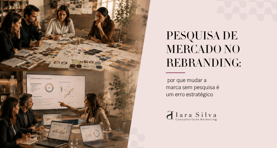 Equipe analisando dados e referências visuais em processo de pesquisa de mercado para rebranding estratégico