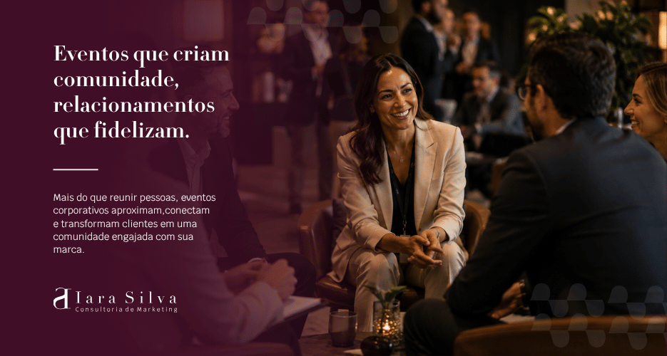 Grupo de empresários conversando e sorrindo durante evento corporativo, em ambiente elegante e intimista, representando conexão, confiança e relacionamento. 