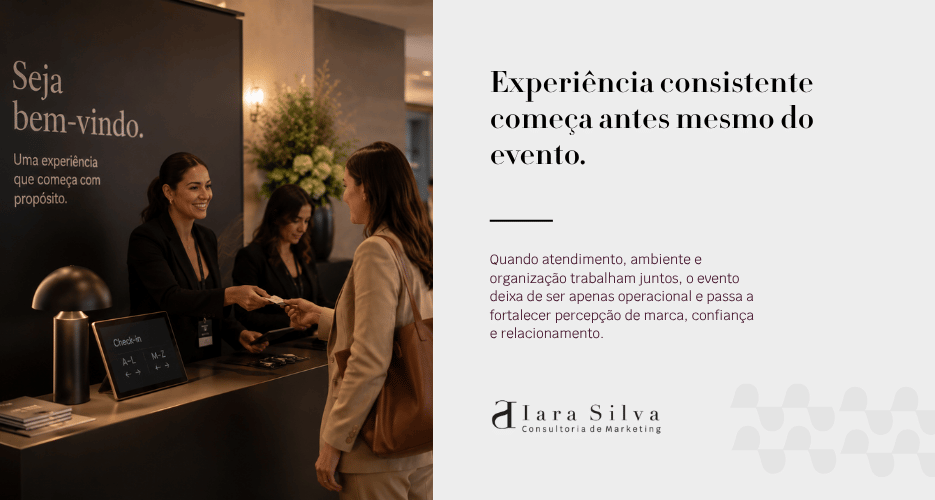 Recepção de evento corporativo com check-in organizado, atendimento cordial e ambiente moderno, transmitindo experiência premium e atenção aos detalhes. 