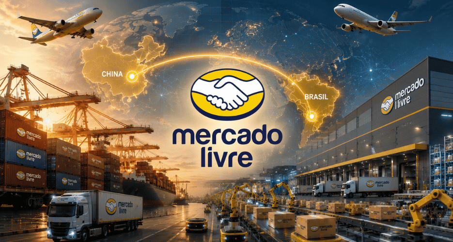 Imagem representando a logística global do Mercado Livre entre China e Brasil, com transporte aéreo e marítimo, centros de distribuição automatizados, contêineres, caminhões e integração da cadeia de suprimentos do e-commerce internacional. 
