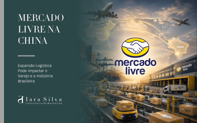 Imagem de destaque sobre a expansão logística do Mercado Livre na China, mostrando centros de distribuição automatizados, transporte aéreo e integração entre China e Brasil, com foco nos impactos para o varejo e a indústria brasileira.